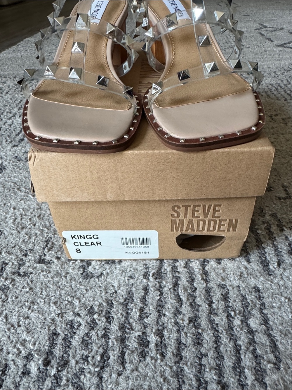 Steve Madden Nude and Clear Studded Block Heel Slides - Picture 3 of 8